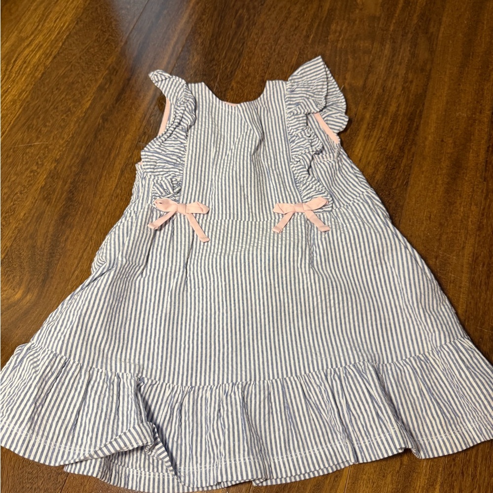 Ruffle Butts Blue and White Striped Dress with Pink Bows